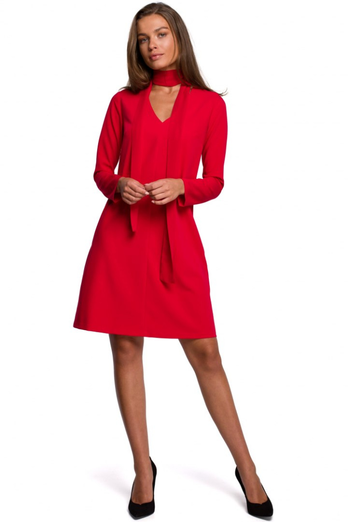 Sukienka Midi - Trapezowa Długi Rękaw - czerwona